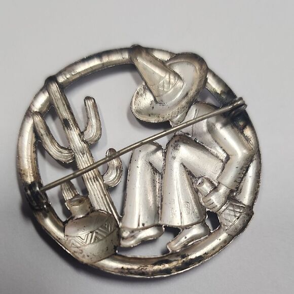 Vintage Sterling Silver Round Mexican Wanderer W/ Cactus Pin Brooch - Picture 5 of 6